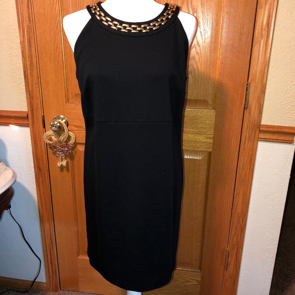 Michael Kors sz 10 Black Shift Dress Gold Neckline